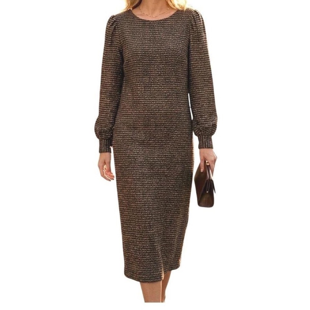 Roche de Paris 100% Pure Silk Shift‎ Dress Brown Gold Red Dot Small Quiet Luxury